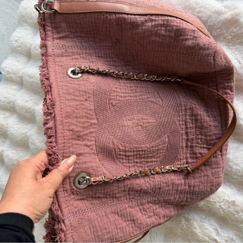 CHANEL Deauville Dusky Pink Quilted Fringed Tote with Brown Leather Trim